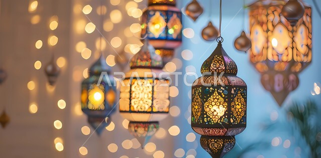 البهجة بقدوم شهر الخير, زينة وديكورات رمضان المبارك, أجواء الاحتفال بالمناسبات والأعياد الدينية الاسلامية، مجموعة من الفوانيس المعدنية التقليدية المضيئة, تحف واكسسوارات متميزة