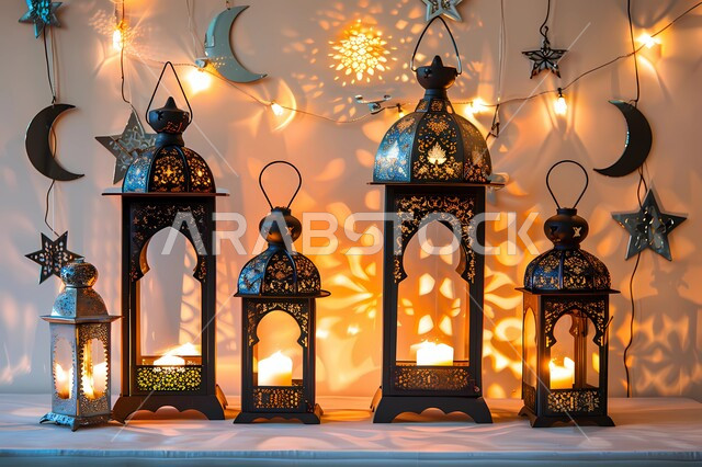 البهجة بقدوم شهر الخير, زينة وديكورات رمضان المبارك, أجواء الاحتفال بالمناسبات والأعياد الدينية الاسلامية، مجموعة من الفوانيس المعدنية التقليدية المضيئة, تحف واكسسوارات متميزة