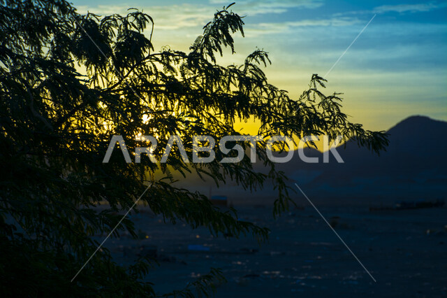 A picturesque aesthetic image of the sunrise, creative sunrise from the desert of Jeddah, the beauty of the picturesque desert nature at the time of sunrise, a wonderful and breathtaking view in the sky of Saudi Arabia