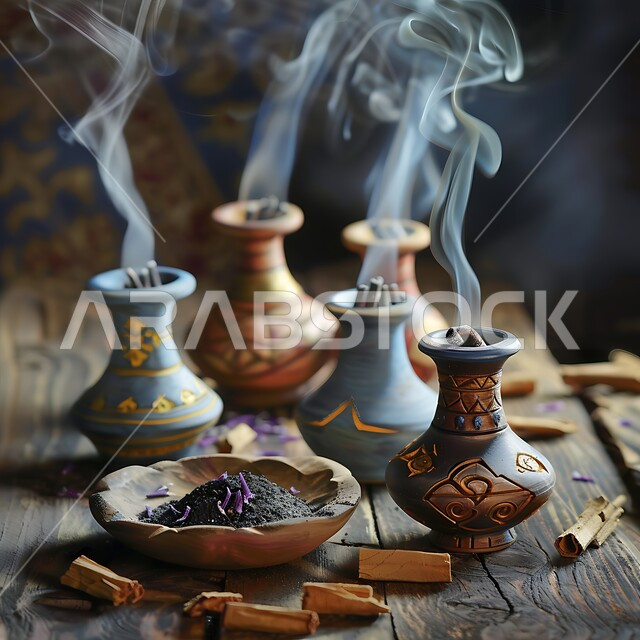 التعطر والتطيب باطيب الروائح والعطور الخليجية الأصيلة، أصالة العادات والتقاليد في المملكة العربية السعودية، خشب العود الفاخر والفحم، مجموعة من المباخر التقليدية ,منتج وطني محلي سعودي، منظر الدخان المنتشر من البخور