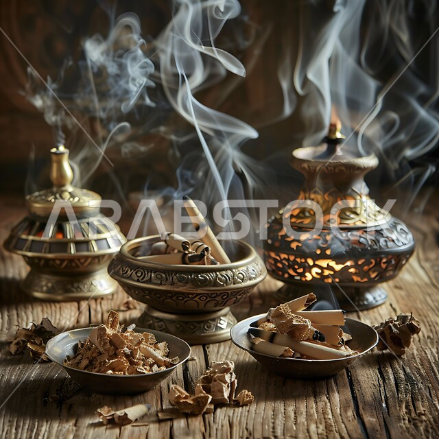 Perfume and fragrance with the best authentic Gulf scents and perfumes, the authenticity of customs and traditions in the Kingdom of Saudi Arabia, luxurious oud wood and charcoal, a group of traditional incense burners, a local Saudi national product, the view of the smoke spreading from incense