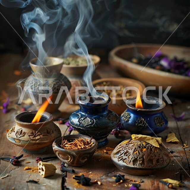 التعطر والتطيب باطيب الروائح والعطور الخليجية الأصيلة، أصالة العادات والتقاليد في المملكة العربية السعودية، خشب العود الفاخر والفحم، مجموعة من المباخر التقليدية ,منتج وطني محلي سعودي، منظر الدخان المنتشر من البخور