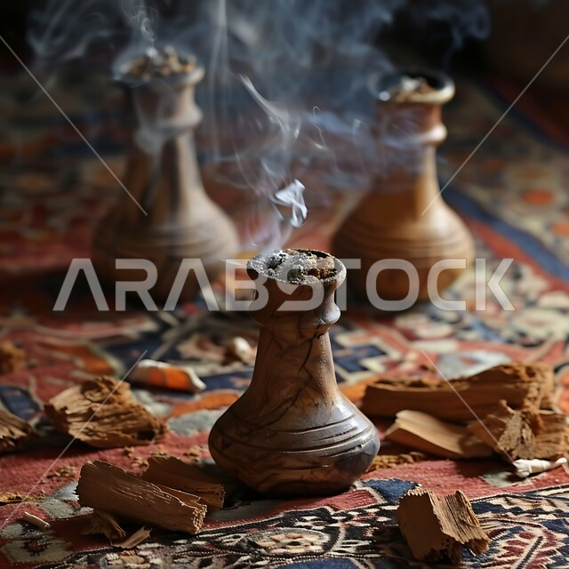 أصالة العادات والتقاليد في المملكة العربية السعودية، التعطر والتطيب باطيب الروائح والعطور الخليجية الأصيلة، خشب العود الفاخر والفحم، مجموعة من المباخر التقليدية ,منتج وطني محلي سعودي، منظر الدخان المنتشر من البخور