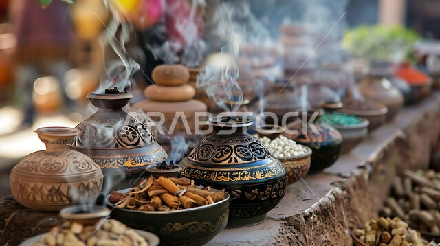 أصالة العادات والتقاليد في المملكة العربية السعودية، التعطر والتطيب باطيب الروائح والعطور الخليجية الأصيلة، خشب العود الفاخر والفحم، مجموعة من المباخر التقليدية ,منتج وطني محلي سعودي، منظر الدخان المنتشر من البخور