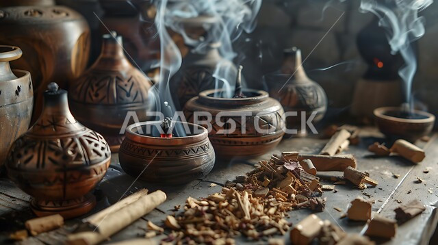 أصالة العادات والتقاليد في المملكة العربية السعودية، التعطر والتطيب باطيب الروائح والعطور الخليجية الأصيلة، خشب العود الفاخر والفحم، مجموعة من المباخر التقليدية ,منتج وطني محلي سعودي، منظر الدخان المنتشر من البخور