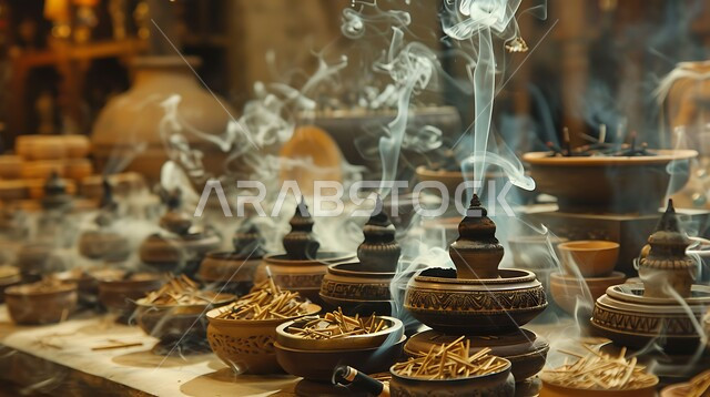 أصالة العادات والتقاليد في المملكة العربية السعودية، التعطر والتطيب باطيب الروائح والعطور الخليجية الأصيلة، خشب العود الفاخر والفحم، مجموعة من المباخر التقليدية ,منتج وطني محلي سعودي، منظر الدخان المنتشر من البخور