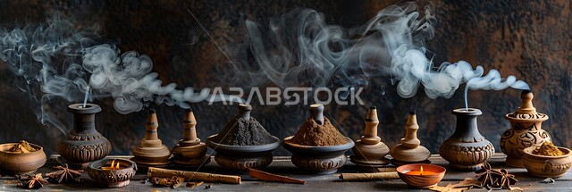  خشب العود الفاخر والفحم، صورة بانورامية لمجموعة من المباخر التقليدية، منتج وطني محلي سعودي، منظر الدخان المنتشر من البخور، التعطر والتطيب باطيب الروائح والعطور الخليجية الأصيلة، أصالة العادات والتقاليد في المملكة العربية السعودية، خلفية سوداء