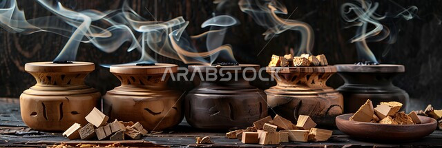  خشب العود الفاخر والفحم، صورة بانورامية لمجموعة من المباخر التقليدية، منتج وطني محلي سعودي، منظر الدخان المنتشر من البخور، التعطر والتطيب باطيب الروائح والعطور الخليجية الأصيلة، أصالة العادات والتقاليد في المملكة العربية السعودية، خلفية سوداء