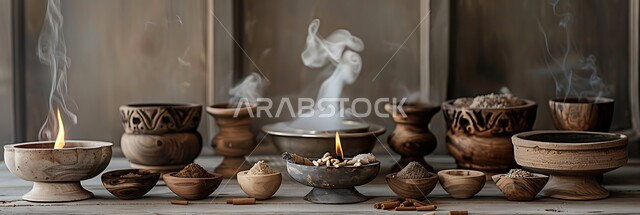 Luxurious oud wood and charcoal, panoramic image of a group of traditional incense burners, a local Saudi national product, a view of the smoke spreading from incense, perfuming and scenting with the best authentic Gulf scents and perfumes, the authenticity of customs and traditions in the Kingdom of Saudi Arabia