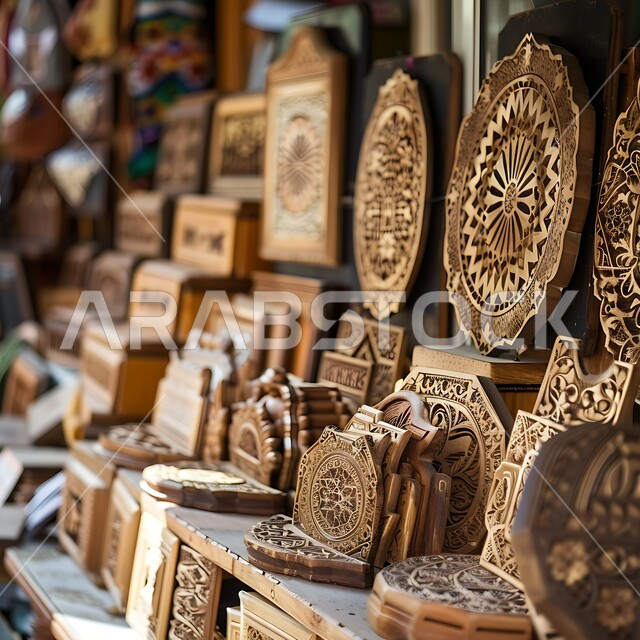 Islamic Arabic designs and engravings, distinctive carvings and plant decorations on wooden pieces, traditional professions and handicrafts, highlighting traditional cultural arts in the Kingdom of Saudi Arabia