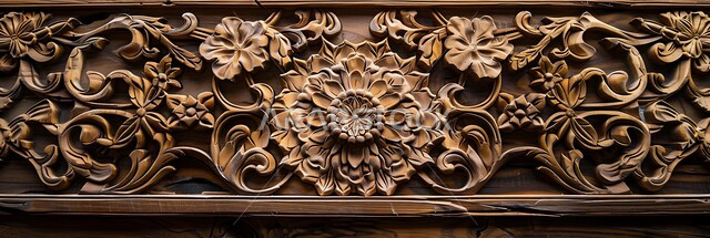 Traditional crafts and professions, panoramic view of distinctive carvings and plant motifs on wooden pieces, Islamic Arabic designs and engravings, highlighting traditional cultural arts in the Kingdom of Saudi Arabia