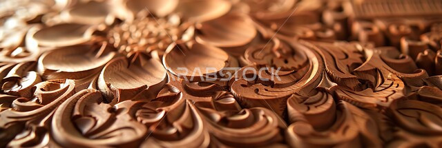 Traditional crafts and professions, panoramic view of distinctive carvings and plant motifs on wooden pieces, Islamic Arabic designs and engravings, highlighting traditional cultural arts in the Kingdom of Saudi Arabia