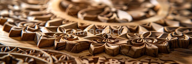 Traditional crafts and professions, panoramic view of distinctive carvings and plant motifs on wooden pieces, Islamic Arabic designs and engravings, highlighting traditional cultural arts in the Kingdom of Saudi Arabia