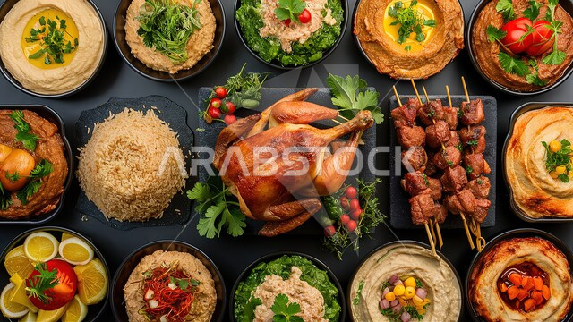 Kitchens and restaurants in the Kingdom of Saudi Arabia, feasts and invitations on holidays and occasions, a dining table full of various Ramadan meals, delicious traditional popular foods, delicious oriental Arabic dishes and appetizers, the atmosphere of the holy month of Ramadan