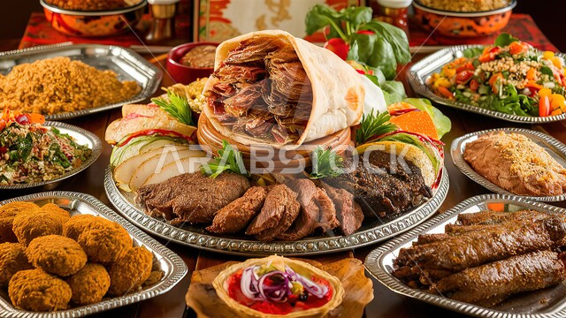 الولائم والعزائم في الأعياد والمناسبات، المطابخ والمطاعم في المملكة العربية السعودية، طاولة طعام مليئة بالوجبات المتنوعة الرمضانية، المأكولات الشعبية التقليدية الشهية، أصناف الأطباق والمقبلات العربية الشرقية اللذيذة، أجواء شهر رمضان المبارك
