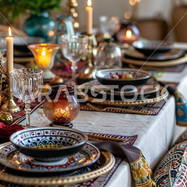طاولة مزينة بالفوانيس المضيئة، مائدة مليئة بأصناف الطعام المختلفة الاجتماع حول سفرة الافطار الكرم وتقديم أشهى المأكولات والحلويات، مفهوم الضيافة العربية، طقوس وزينة العيد. حسن استقبال الضيوف والزوار الاحتفال بالمناسبات الاسلامية