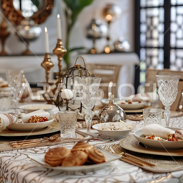 طاولة مزينة بالفوانيس المضيئة، مائدة مليئة بأصناف الطعام المختلفة الاجتماع حول سفرة الافطار الكرم وتقديم أشهى المأكولات والحلويات، مفهوم الضيافة العربية، طقوس وزينة العيد. حسن استقبال الضيوف والزوار الاحتفال بالمناسبات الاسلامية