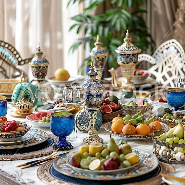 طاولة مزينة بالفوانيس المضيئة، مائدة مليئة بأصناف الطعام المختلفة الاجتماع حول سفرة الافطار الكرم وتقديم أشهى المأكولات والحلويات، مفهوم الضيافة العربية، طقوس وزينة العيد. حسن استقبال الضيوف والزوار الاحتفال بالمناسبات الاسلامية