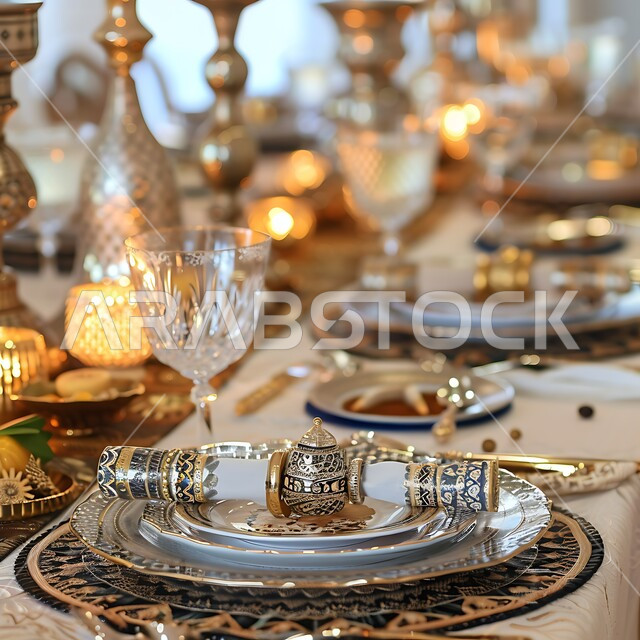 طاولة مزينة بالفوانيس المضيئة، مائدة مليئة بأصناف الطعام المختلفة الاجتماع حول سفرة الافطار الكرم وتقديم أشهى المأكولات والحلويات، مفهوم الضيافة العربية، طقوس وزينة العيد. حسن استقبال الضيوف والزوار الاحتفال بالمناسبات الاسلامية