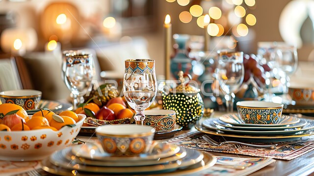 طقوس وزينة العيد. طاولة مزينة بالفوانيس المضيئة مائدة مليئة بأصناف الطعام المختلفة الاجتماع حول سفرة الافطار الكرم وتقديم أشهى المأكولات والحلويات، مفهوم الضيافة العربية، حسن استقبال الضيوف والزوار الاحتفال بالمناسبات الاسلامية