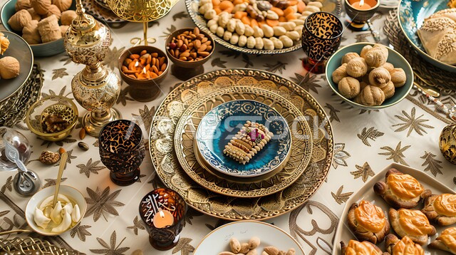 طقوس وزينة العيد. طاولة مزينة بالفوانيس المضيئة مائدة مليئة بأصناف الطعام المختلفة الاجتماع حول سفرة الافطار الكرم وتقديم أشهى المأكولات والحلويات، مفهوم الضيافة العربية، حسن استقبال الضيوف والزوار الاحتفال بالمناسبات الاسلامية