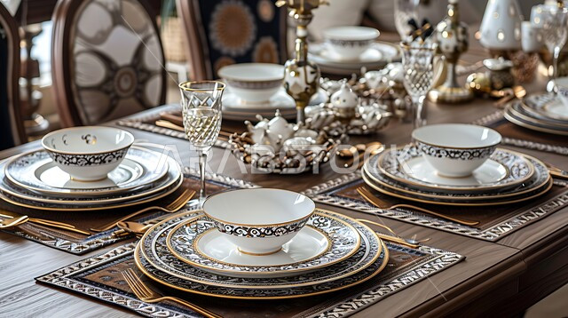 طقوس وزينة العيد. طاولة مزينة بالفوانيس المضيئة مائدة مليئة بأصناف الطعام المختلفة الاجتماع حول سفرة الافطار الكرم وتقديم أشهى المأكولات والحلويات، مفهوم الضيافة العربية، حسن استقبال الضيوف والزوار الاحتفال بالمناسبات الاسلامية