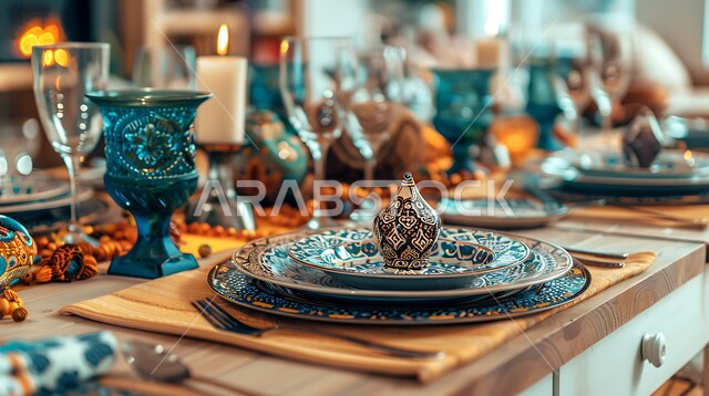 طقوس وزينة العيد. طاولة مزينة بالفوانيس المضيئة مائدة مليئة بأصناف الطعام المختلفة الاجتماع حول سفرة الافطار الكرم وتقديم أشهى المأكولات والحلويات، مفهوم الضيافة العربية، حسن استقبال الضيوف والزوار الاحتفال بالمناسبات الاسلامية