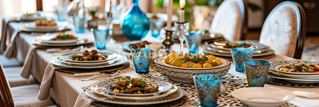 طقوس وزينة العيد. طاولة مزينة بالفوانيس المضيئة مائدة مليئة بأصناف الطعام المختلفة الاجتماع حول سفرة الافطار الكرم وتقديم أشهى المأكولات والحلويات، مفهوم الضيافة العربية، حسن استقبال الضيوف والزوار الاحتفال بالمناسبات الاسلامية