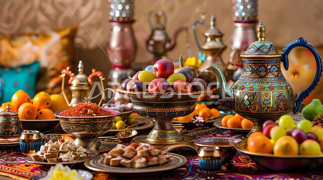 A dining table full of various Ramadan meals, appetizers, dishes and ...