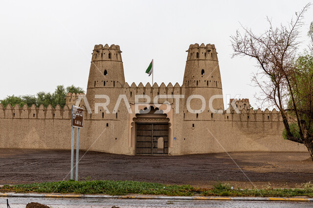 Structural engineering designs for ancient forts and castles, the ancient pre-Islamic fort in the city of Al Ain in Abu Dhabi, mud buildings built in the old style, famous landmarks and tourist places in the United Arab Emirates