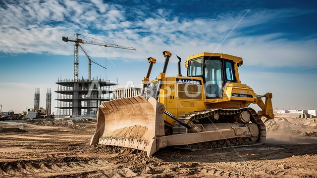 Development, modernization and reconstruction of facilities and buildings in the Kingdom of Saudi Arabia, heavy machinery and equipment, a bulldozer that works to lift and fill sand and gravel, the concept of engineering, construction and development, engineering professions and jobs