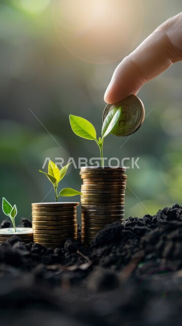 التوفير وادخار الأموال، مفهوم النمو الاقتصادي والارباح المالية، الاستثمار والفوائد العائدة، التمويل للمشاريع و الأعمال, صورة مقربة لإصبع يد فوق كومة من العملات المعدنية في حديقة خضراء