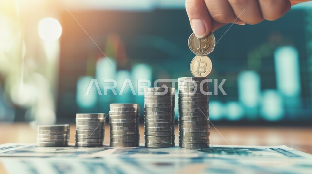 مفهوم النمو الاقتصادي والارباح المالية، الاستثمار والفوائد العائدة، التمويل للمشاريع و الأعمال, صورة مقربة ليد تضع عملة فوق كومة من العملات المعدنية, التوفير وادخار الأموال