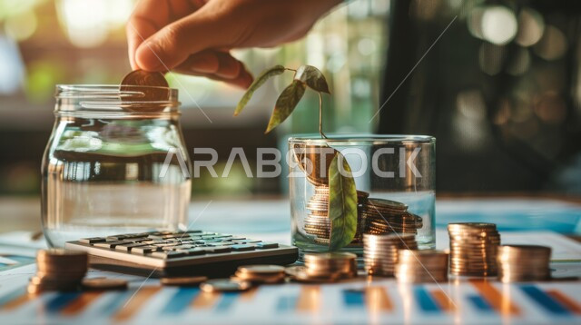 التوفير وادخار الأموال، مفهوم النمو الاقتصادي والارباح المالية، الاستثمار والفوائد العائدة، التمويل للمشاريع و الأعمال, صورة مقربة ليد تضع عملة فوق كومة من العملات المعدنية