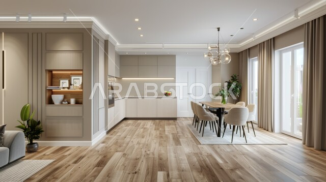 تصاميم عصرية حديثة، ديكورات داخلية فاخرة على الطراز الحديث، أثاث منزلي راقي باللون البيج، شقق وفلل سكنية في المملكة العربية السعودية, غرفة معيشة مع سفرة و أرضية خشبية