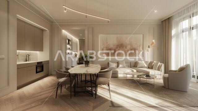 غرفة معيشة مع سفرة و أرضية خشبية, تصاميم عصرية حديثة، ديكورات داخلية فاخرة على الطراز الحديث، أثاث منزلي راقي باللون البيج، شقق وفلل سكنية في المملكة العربية السعودية