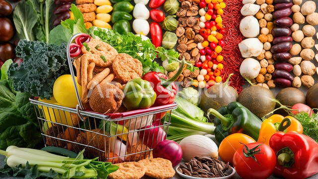 الاطعمة الخفيفة الصحية والخضروات الطازجة، التنوع الغني لمزارع المملكة والمنتجات السعودية المحلية, سلة تسوق مليئة بمجموعة من الخضروات، الألوان والأشكال المتنوعة والشهية