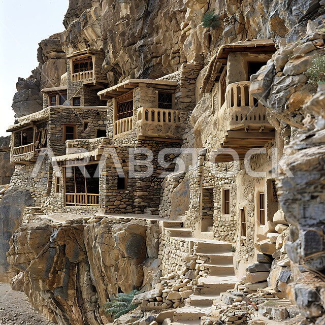 التضاريس و المرتفعات في المناطق الجبلية الوعرة, طبيعة الجبال الصخرية في المملكة العربية السعودية, البيوت الحجرية القديمة للقرية المعلقة في الباحة, الفن الهندسي المعماري على الطراز القديم