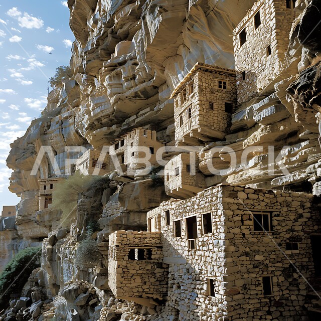 الفن الهندسي المعماري على الطراز القديم, التضاريس و المرتفعات في المناطق الجبلية الوعرة, طبيعة الجبال الصخرية في المملكة العربية السعودية, البيوت الحجرية القديمة للقرية المعلقة في الباحة