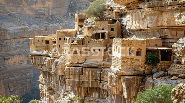 التضاريس و المرتفعات في المناطق الجبلية الوعرة, طبيعة الجبال الصخرية في المملكة العربية السعودية, البيوت الحجرية القديمة للقرية المعلقة في الباحة, الفن الهندسي المعماري على الطراز القديم