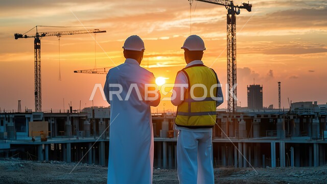 صورة من الخلف لمهندسان سعوديان خليجيان عربيان يرتديان سترة وخوزة الحمايه يقفان في أحد مواقع البناء في المملكة العربية السعودية أثناء غروب الشمس, الاطلاع على المخططات ووضع إستراتيجيات الخطوات, الازدهار المستقبلي للمنطقة, مهن ووظائف هندسية سعودية