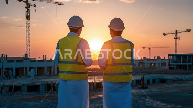 صورة من الخلف لمهندسان سعوديان خليجيان عربيان يرتديان سترة وخوزة الحمايه يقفان في أحد مواقع البناء في المملكة العربية السعودية أثناء غروب الشمس, الاطلاع على المخططات ووضع إستراتيجيات الخطوات, الازدهار المستقبلي للمنطقة, مهن ووظائف هندسية سعودية