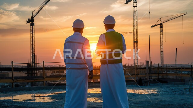 صورة من الخلف لمهندسان سعوديان خليجيان عربيان يرتديان سترة وخوزة الحمايه يقفان في أحد مواقع البناء في المملكة العربية السعودية أثناء غروب الشمس, الاطلاع على المخططات ووضع إستراتيجيات الخطوات, الازدهار المستقبلي للمنطقة, مهن ووظائف هندسية سعودية