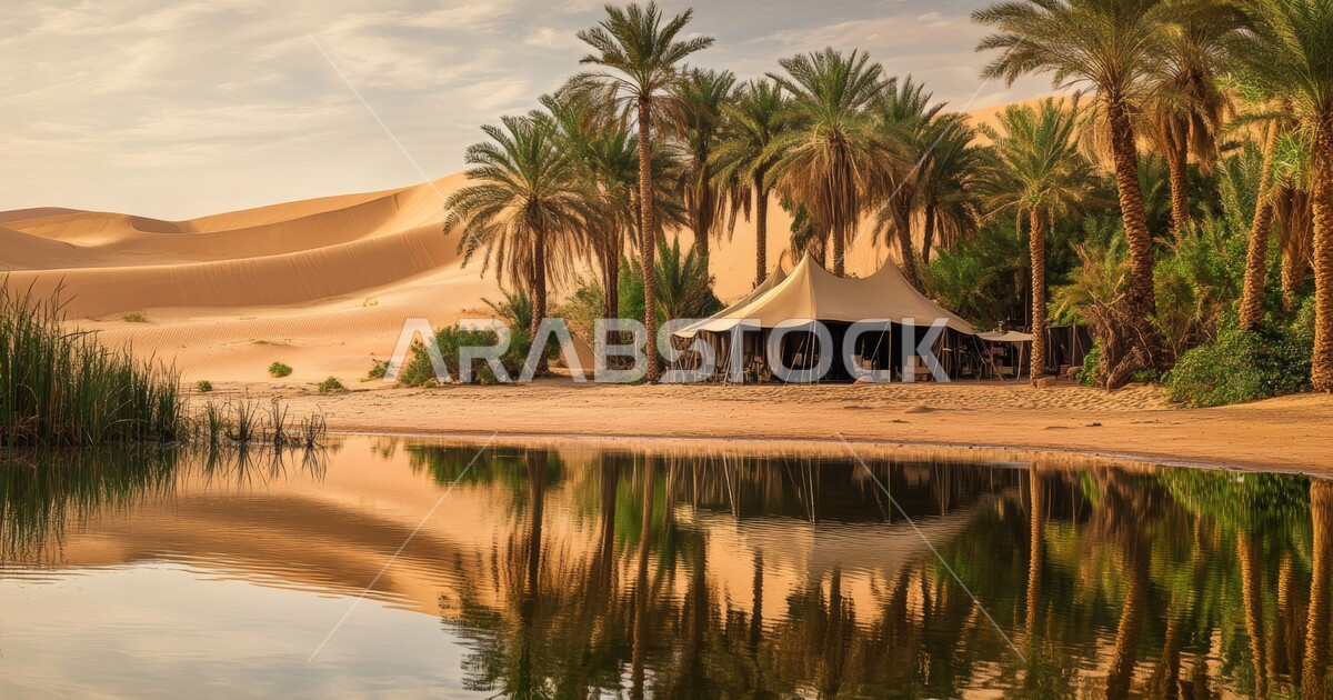 واحات ومزارع أشجار النخيل في الطبيعة الصحراوية حول البحيرات المائية ...