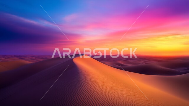 المرتفعات و التضاريس والقمم الجبلية في البراري، الهضاب و التلال من الرمال الناعمة الذهبية، التشكلات و التكوينات الرملية في صحراء المملكة العربية السعودية، مناطق البادية والبيئة الطبيعية الصحراوية في وقت الغروب ,خلفية الطبيعة