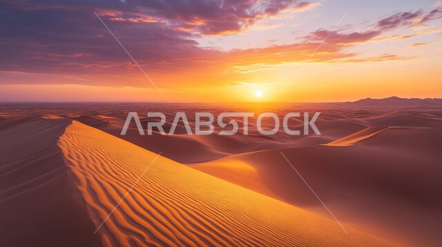 المرتفعات و التضاريس والقمم الجبلية في البراري، الهضاب و التلال من الرمال الناعمة الذهبية، التشكلات و التكوينات الرملية في صحراء المملكة العربية السعودية، مناطق البادية والبيئة الطبيعية الصحراوية في وقت الغروب ,خلفية الطبيعة