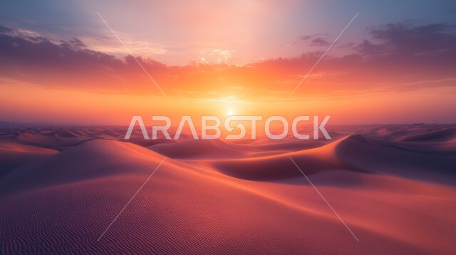 المرتفعات و التضاريس والقمم الجبلية في البراري، الهضاب و التلال من الرمال الناعمة الذهبية، التشكلات و التكوينات الرملية في صحراء المملكة العربية السعودية، مناطق البادية والبيئة الطبيعية الصحراوية في وقت الغروب ,خلفية الطبيعة