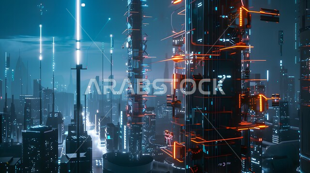 مفهوم المدينة الذكية وشبكة الاتصالات الكبيرة، التقدم في قطاع تكنولوجيا المعلومات، اختصار الجيل الخامس للشبكات على برج اتصال مرتفع، رؤية سعودية مستقبلية 2030، استخدام التقنيات المتطورة في انشاء المدن الحديثة، منظر تخيلي مستقبلي للأبراج والمباني في السعودية