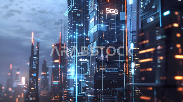 مفهوم المدينة الذكية وشبكة الاتصالات الكبيرة، التقدم في قطاع تكنولوجيا المعلومات، اختصار الجيل الخامس للشبكات على برج اتصال مرتفع، رؤية سعودية مستقبلية 2030، استخدام التقنيات المتطورة في انشاء المدن الحديثة، منظر تخيلي مستقبلي للأبراج والمباني في السعودية