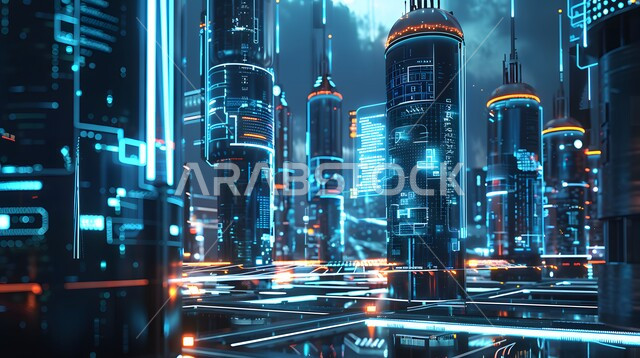 مفهوم المدينة الذكية وشبكة الاتصالات الكبيرة، التقدم في قطاع تكنولوجيا المعلومات، اختصار الجيل الخامس للشبكات على برج اتصال مرتفع، رؤية سعودية مستقبلية 2030، استخدام التقنيات المتطورة في انشاء المدن الحديثة، منظر تخيلي مستقبلي للأبراج والمباني في السعودية